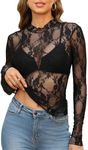 Lace Undershirt for Women High Neck Mesh Tops Elegant Dressy Slim Fitted Black Floral XL