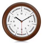 Lafocuse Day of The Week Wall Clock Solid Wood Frame,Silent Brown Unique Day Clocks for Seniors, Retirement Clock Day of Week Battery Operated for Living Room Decor Bedroom Office 12 Inch