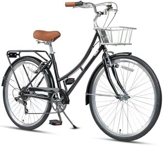 AVASTA 26 Inch Hybrid Bike, Lightweight Step-Through High Tensile Steel Frame for City Commuting, 6 Speed Comfort Bicycle with Metal Basket in Elegant Black with Stylish Black Tires for Woman Female