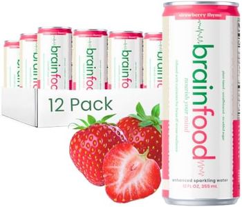 BrainFood Sparkling Water – Nootropic Drink with Nutrients & Antioxidants for Brain Health,Focus, Stress Support – Functional Beverage with Real Juice – Caffeine-Free, No Sugar Added, Vegan – 12oz Can (12 pack, Strawberry Thyme)