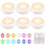 BLS AA-1062 LED Wireless Puck Lights with Remote Control and Timer, Push Lights 3 AA Battery Operated, Colour Changing Push Lights, Stick on Anywhere for Kitchen Cupboard, 6 Pack