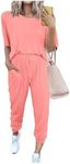 PRETTYGARDEN Women's Two Piece Outfit Short Sleeve Pullover with Drawstring Long Pants Tracksuit Jogger Set (Pink,Large)