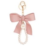 INSTITIZER Pink Pearl Bow Keychain Pink Keychain Wristlet Keychains Wristlet for Women Pearl Key Chains for Car Keychain Wallet Pendant Charms for Handbags