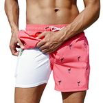 Arcweg Men's Swimming Shorts with Compression Liner Mens Swimming Trunks 2 in 1 Swim Shorts with Lining Quick Dry Surfing Stretchy Beach Shorts with Zipper Pockets Flamingo M(UK)