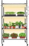 Monios-L Plant Shelf with Grow Light, Stainless Steel Plant Stand with Adjustable Rack and Wheels, 6-Pack 180W 3FT Full Spectrum Grow Lights for Indoor Plants / Seed Starting (35Lx14Wx61H, Black)