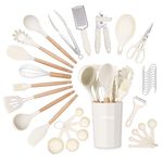 Kitchen Non Stick Cooking Utensils Set – Heat Resistant Silicone Utensils with Wooden Handle – Ladles, Spoons and Spatulas Set – Kitchen Tools & Accessories – 35pcs, Cream – by Nuovva