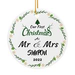 Personalised First Christmas Married Ornament - Our First Christmas As Mr and Mrs 2023, Custom Name Ceramic Ornament, for Couple Married Newlyweds, Couple, Xmas Tree Ornaments Bemaystar