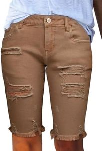 Sidefeel Women's Bermuda Shorts Stretchy Ripped High Rise Summer Jeans Raw Hem Denim Shorts Brown Size 14