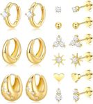 Flat Back Stud Earrings for Women Gold Plated Earring Set Hypoallergenic Cartilage Earrings Helix Piercing Jewelry Surgical Stainless Steel Chunky Huggie Hoops