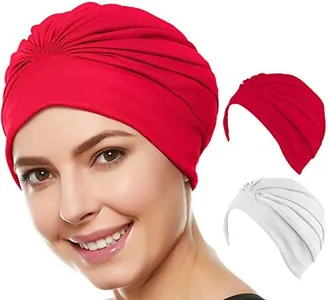 Beemo Swim Caps for Women Swimming Turban Polyester Latex Lined Pleated for Ladies-2pk WH/RE