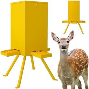 PROLEE 85lbs Deer Feeder,Weatherproof Deer Feeders with 4 Feeding Tray and 4-Leg Stand,Heavy Duty Metal Gravity Feeder for Deers and Wildlife (Yellow)