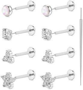 YACHY 8PCS Threadless Flat Back Earrings 18G CZ Cartilage Studs, 316L Surgical Steel Push Pin Helix Tragus Conch Medusa Lip Piercing Jewelry, Hypoallergenic Sleeping Earrings for Women Men（silver）