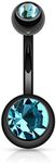 FIFTH CUE 14G Black Titanium IP 316L Double CZ Barbell Belly Ring (AQUA)