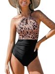 CUPSHE Women's One Piece Swimsuit High Neck Beach Swimwear Ruched Tummy Control Bathing Suit Swimming Costume Black/Leopard Print M