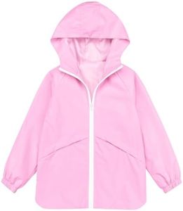 MODAFANS Boys Girls Rain Jacket Waterproof lined Hooded RainCoats Windbreaker 10-11Years Pink