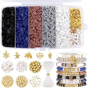Funtopia 5280pcs Clay Beads Bracelet Making Kit, Earth Tone Friendship Bracelet Kit, Flat Heishi Beads with Charms Letter Gold Spacer Beads for Jewelry Making, Crafts