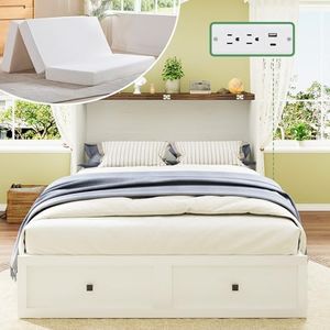 AMERLIFE Queen Distressed White Murphy Bed with 6" Tri-Fold Foam Mattress