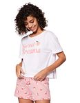 Amazon Brand - Eden & Ivy Women's Cotton Relaxed T-Shirt & Shorts Set (Fwutstp01-Gp-03_White & Pink_Xs)