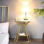 Al Hama Modern Round Coffee End Table with Engineered Wood Top and Metal Frame for Small Spaces Sofa Side 2-Tier Storage Shelf for Laptop Work (Gold & White)