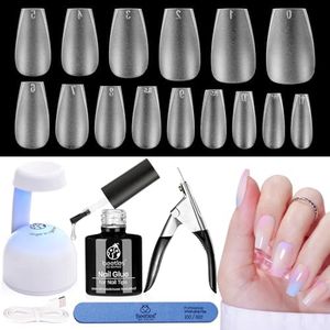 Beetles Gel Nail Kit Gel Nail Polish Nail Extension Kit,240 Pcs Pre Shaped Short Coffin Nail Tips Full Matte Gelly Tips&5 in 1 Nail Glue Base Coat Innovative Uv Led Lamp for Diy Easy Home Manicure
