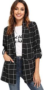 Milumia Women's Open Front Blazer Casual lightweight Plaid Roll Up Sleeve Jacket Shirt Black Large