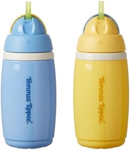 Tommee Tippee Insulated Active Straw Cup, 266ml, Spill-Proof Toddler Water Bottle for 12 Months+, Flip Lid Helps Keep Straw Clean, Blue and Yellow, 2 Pack