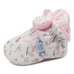 Dotty Fish Cotton Baby Booties with Suede Sole - Warm Fleece Lining – Non-Slip, Stay On Slippers. Soft Pink with Bees and Butterflies. 0-6 months