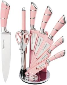 Retrosohoo Kitchen Knife Set, 9-Pieces Pink Sharp Non-Stick Coated Chef Knives Block Set,Stainless Steel Knife Set for Kitchen with Sharpener for Cutting Slicing Dicing Chopping (Pink)