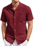 COOFANDY Linen Shirts for Men Short Sleeve Cuban Collar Shirt Summer Button Down Shirts Wine Red