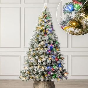 Christow Pre-Lit Flocked Christmas Tree 6ft, Dual-Coloured LED Lights (Switch from Warm White to Multi-Coloured), Chamonix Spruce, Snowy PVC Tips, 11 Modes – Colour Changing, Timer, 101cm Diameter