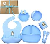 Baby Led Weaning Supplies - Silicone Baby Feeding Set + BONUS Gift Box - 2 Suction Bowl Set, Silicone Bib With Food Catcher, Suction Divided Plate, Cup, Fork, Spoon - |Easy Wipe, Waterproof, Dishwasher & Microwave Safe| (Sky Blue)