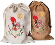 Linen Bread Bags, Embroidered Set of 2 Large Reusable Bags for Homemade Bread with Drawstring for Artisan Crusty Loaf Bread, Ideal for Bakers Gifts