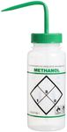 SP Bel-Art Safety-Labeled 2-Color Methanol Wide-Mouth Wash Bottles; 500ml (16oz), Polyethylene w/Green Polypropylene Cap (Pack of 6) (F11646-0623)