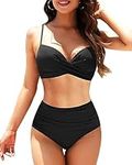 Aqua Eve Women Underwire Bikini High Waisted Bathing Suit Tummy Control Two Piece Swimsuit, Black, Medium