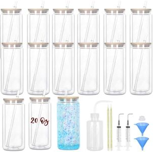 Maucircol 15 Pack Acrylic Snow Globe Tumbler, 20 Oz Pre Drilled Double Wall Snow Globe with Bamboo Lid Supplies Kit, Plastic Snowglobe Tumbler Diy Kit Including Cups And Diy Tools