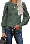 MIHOLL Womens Long Lantern Sleeve Christmas Shirts Ribbed Solid Basic Puff Sleeve Sweaters Tops Blouses(Grey Green, large)