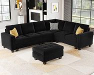 Belffin Velvet L Shaped Sofa Couch with Reversible Chaise Convertible Modular Sectional Sofa Set with Storage Ottoman Corner Sofa Set for Living Room Black