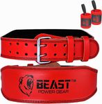 Beast Power Gear Weightlifting Belt 4" |Genuine Leather |Back Support |Cushion Padding |Durable Comfortable and Adjustable with Roller Buckle for Men and Women |Free Wrist Wrap (Medium 30"-35", Red)