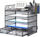 Supeasy 5-Trays Desktop File Organizer with Handle, Letter Tray Paper Organizer with Drawer and Pen Holders, Grey Mesh Office Supplies File Holder, Desk Organizer for Office School Home