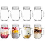 volila Mason Jars with Handles - 8 Pack Glass Mason Jars with Lids and Straws (490ml) - Clear Mason Glass Drinking Jar for Overnight Oats, Smoothies, and Milkshake - Smoothie Glass with Labels