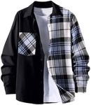 OYOANGLE Men's Colorblock Plaid Print Button Down Long Sleeve Pocket Collared Shirts Top Black and Blue S