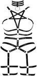 Pentagram Body Harness Strappy Full Bandage Lingerie Women Plus Size Hollow Cage Bra Goth Punk Leg Garter Belt Set Rave EDC Clothing (Black)