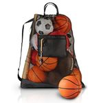 Mesh Ball Bag - Equipment Bag to Transport Soccer, Basketball, Football, Volleyball Sporting Gear. Adjustable Shoulder Strap, Drawstring Closure. Ideal Mesh Bag for Parent or Coach. (Black | 30 x 40)