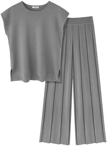 Ekouaer Lounge Sets for Women Two Piece Outfits Knit Cap Sleeve Tops Wide Leg Pleated Pants Casual Dressy Sweater Sets Light Gray