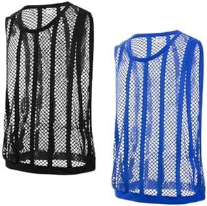 HASWECHYS Men's Fishnet Stripe Mesh Tank Top See Through Sleeveless Fitted Muscle Top Shirts for Workout Beach Black Blue M