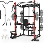 Mikolo SmithMachine, Multifunctional Power Cage Squat Rack with Cable Crossover System and Dip Station, 2250lbs Capacity Home Gym with LAT Pull Down System, Red SmithMachine