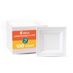 ECO SOUL Pearl White 6 Inch Square [100-Pack] Paper Plates (PFAS free) | 100% Compostable Disposable Bagasse I Heavy-Duty Eco-Friendly Dinner Plates I Biodegradable Sugarcane Eco Plates | Microwavable