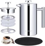 KOOYAT Cafetiere French Press Coffee Maker with Capacity of 1000ml / 8 Cup Double Walled Insulated Coffee Press for Ground Coffee at Home Travel Large Caffettiera Gift Set for Woman Man Silver Color