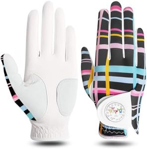 FINGER TEN Golf Gloves Women Right Hand Leather with Bling Ball Marker Value Pack, Colored Glove for Left Handed Golfer All Weather Grip (Full-Colored Stripes, Small, Right)