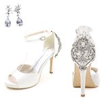 Creativesugar Lady Satin Dress Platform High Heels Wedding Sandals Crystal Back with Free Earrings, White, 6.5 UK